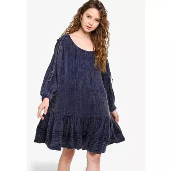 Free People Indigo Blue Washed Ashore Mini Dress Sz.M NWT - Picture 2 of 16